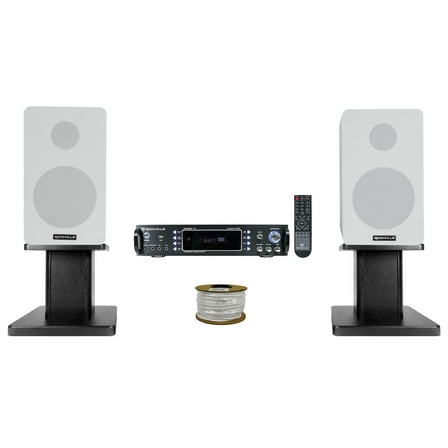 Rockville RPA60BT Bluetooth Receiver 2) 5.25" White Bookshelf Speakers 8" Stands   Rockville R14GSBR100 Red/Blk 14 Gauge 100' Ft. Mini Spool Car Audio Speaker Wire