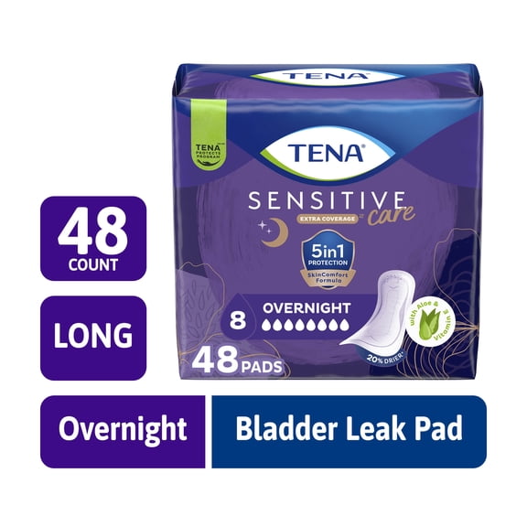 TENA Sensitive Care Extra Coverage Overnight Incontinence Pads, 48 Count