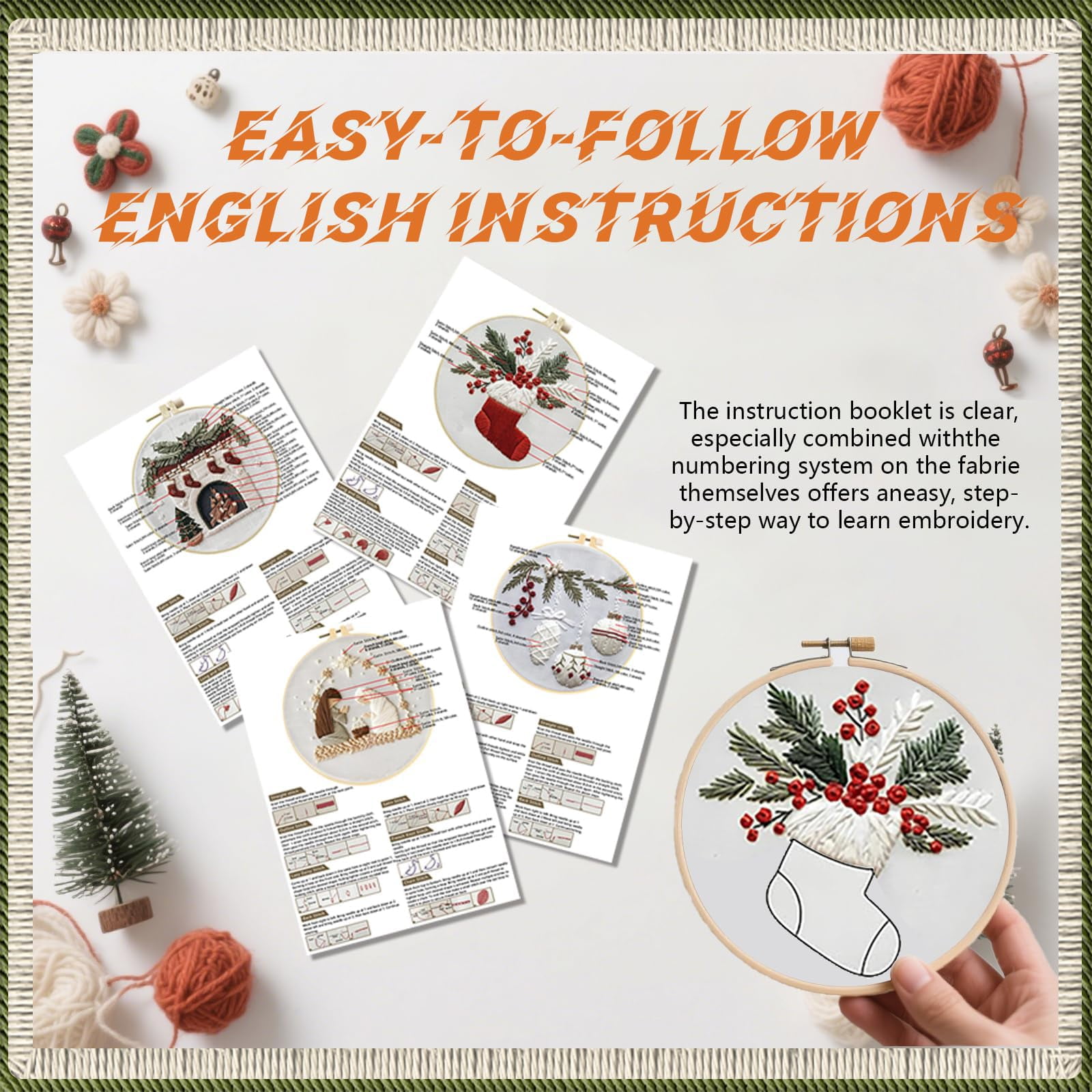 a QSTNOLOGY 4 Sets Christmas Embroidery Kits for Adults, Embroidery Kit for Beginners, Cross Stitch Kits for Beginners with Pattern, Needles, Threads, Tools (Holly+Holiday+Gnome+Nativity Manger)