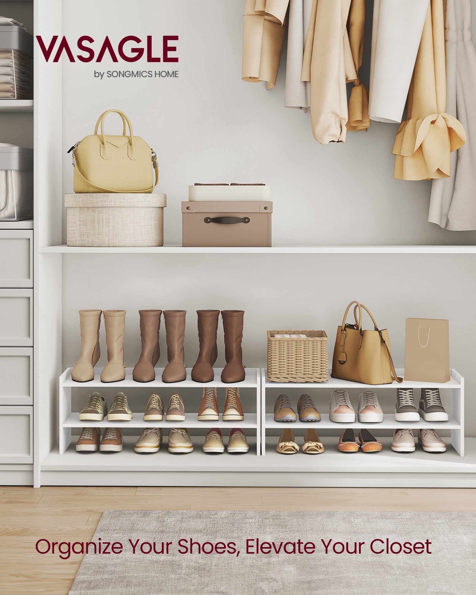 VASAGLE Shoe Rack for Closet, Stackable Shoe Organizer Shelf for Entryway, 2 Tiers, 11.7 x 32.3 x 14.2 Inches, White
