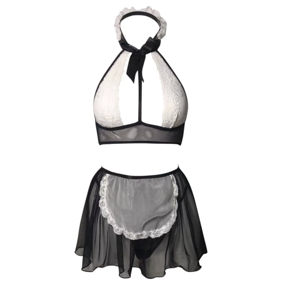 Sexy Lingerie for Women White Mesh Lace Bow Hollow Skirt Uniform Style Black L