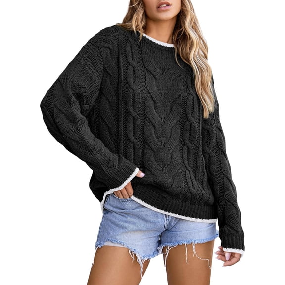 VISALY Pullover Crewneck Sweatshirt Ribbed Long Sleeve Tops Trendy Sweater Tops Fall Chunky Cable Knit Pullover Sweaters Thick Sweatshirts Business Casual Sweaters Casual Sweatshirt Black L