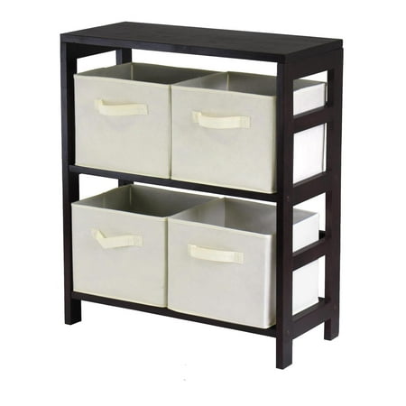 Winsome Wood Capri 5-Pc Storage Set, 2-Section Bookcase & 4 Foldable Beige Fabric Baskets, Espresso Finish
