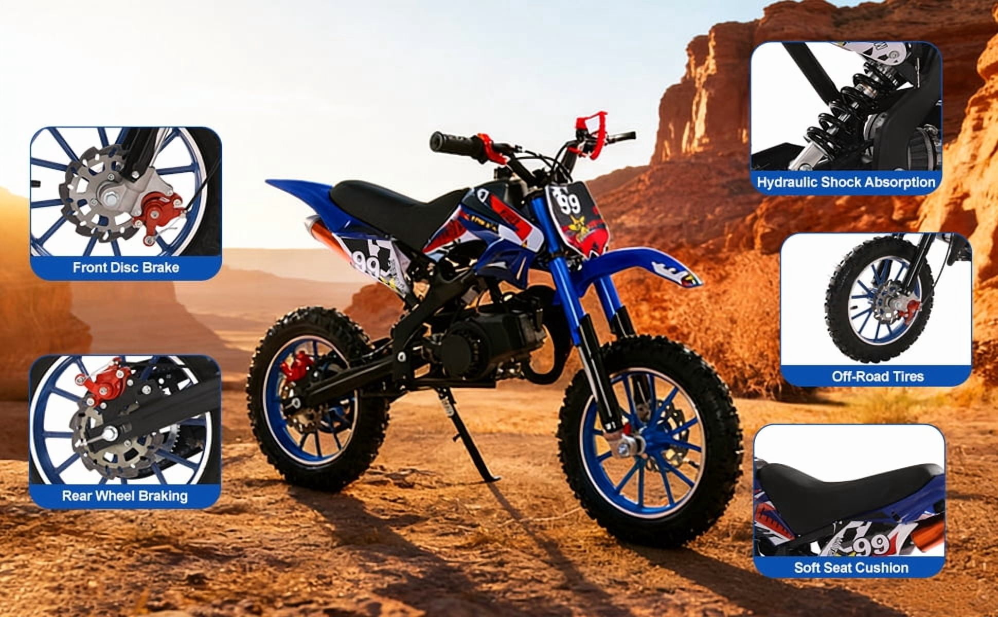 Korogimeeet Gas Powered Blue Mini Dirt Bike 49cc 2-Stroke, Hand-Pull Start, Inverted Hydraulic Suspension, 10 Inch Tires, 40KM/H Max Speed, 30 Min Range, 150kg, 47 x 30 Inch