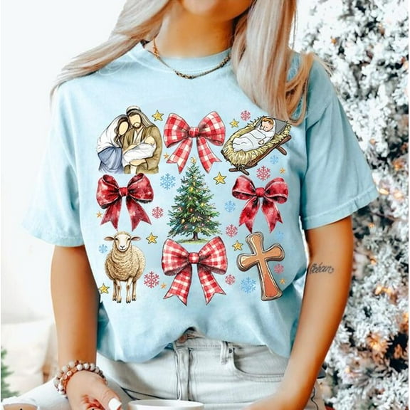 Coquette Jesus Christmas Shirt, Baby Jesus Nativity Scene T-Shirt, Christian Bible Verse Tee, Oh Holy Night Inspirational Holiday Shirt
