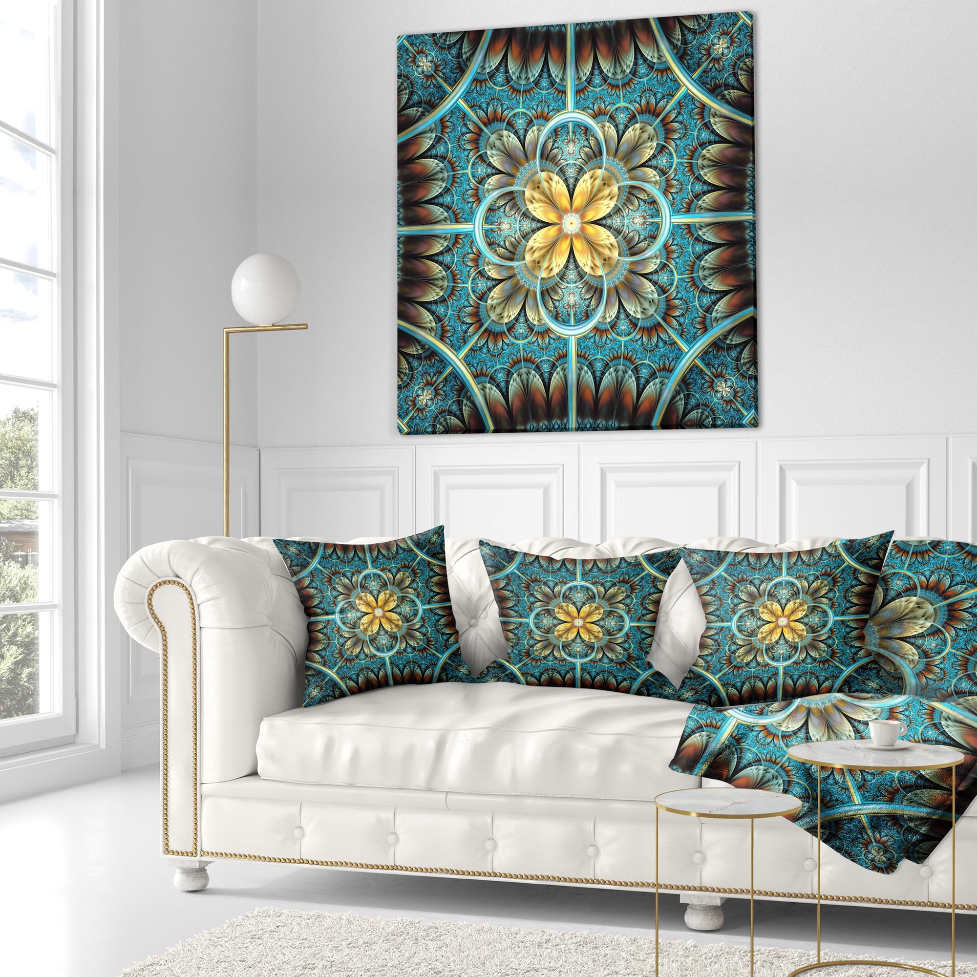 Designart 16" x 16" Contemporary and Modern Blue Fractal and Flower Polyester Throw Pillow