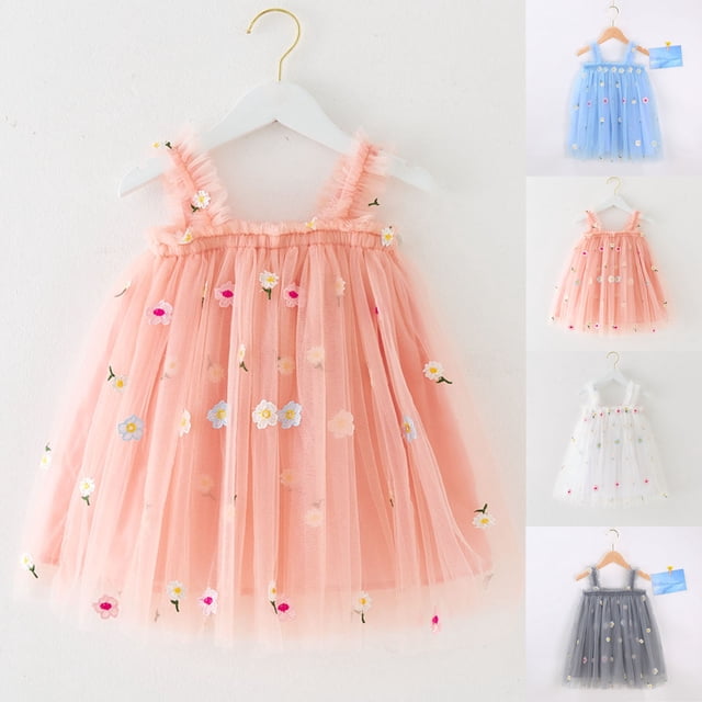 JDQJBZ Robe Sans Manches pour Filles, Tutu en Tulle Brodé Floral, Tenue de Fête pour 1-7 Ans