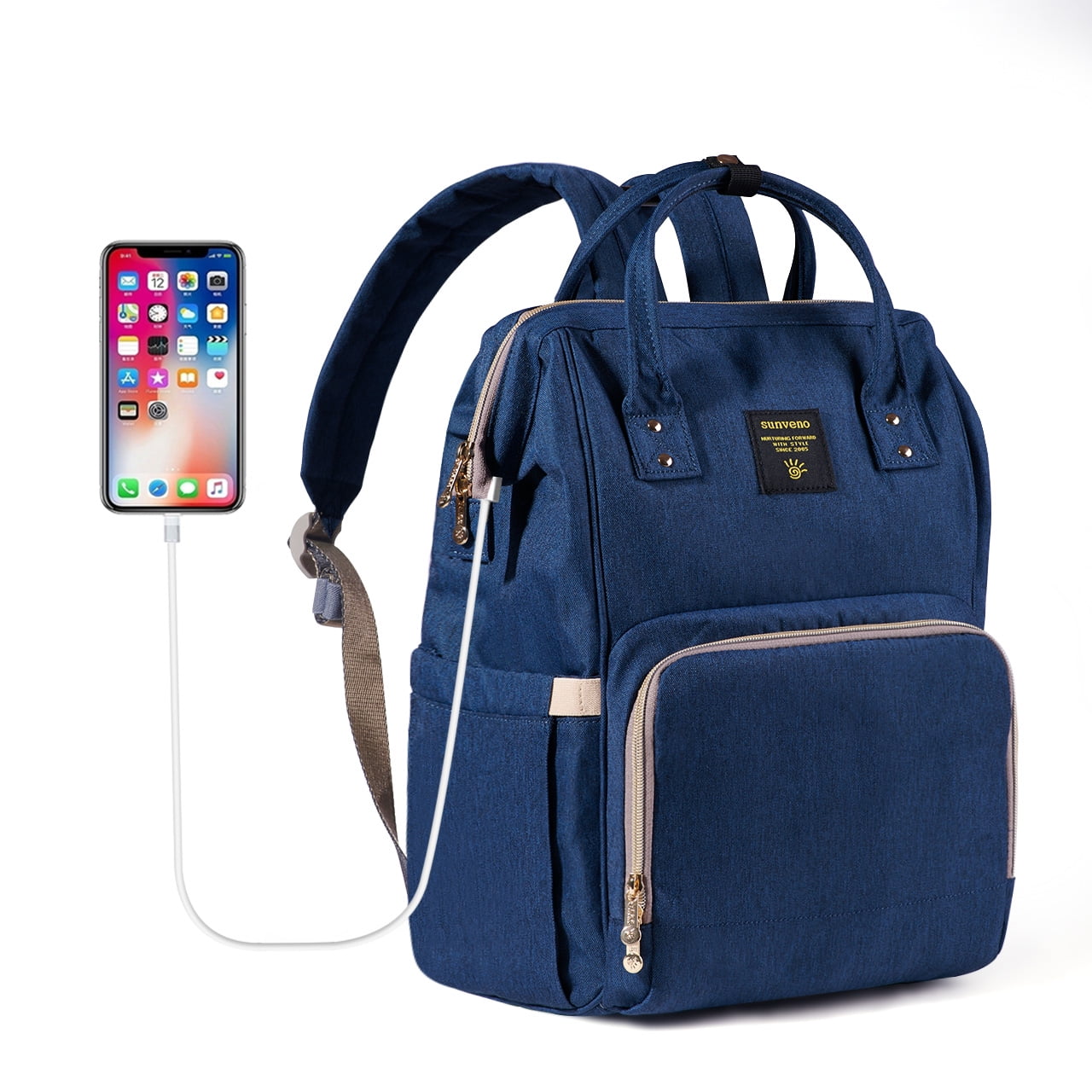 Sunveno Classic Diaper Bag Backpack Large Capacity Travel Backpack with USB Charge Port , Navy