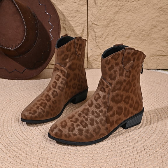 Women's Casual Chunky Heel Short Boots, Suede Leopard Print Fashion Design with Breathable Lining, Trendy Booties for Daily Party Gift