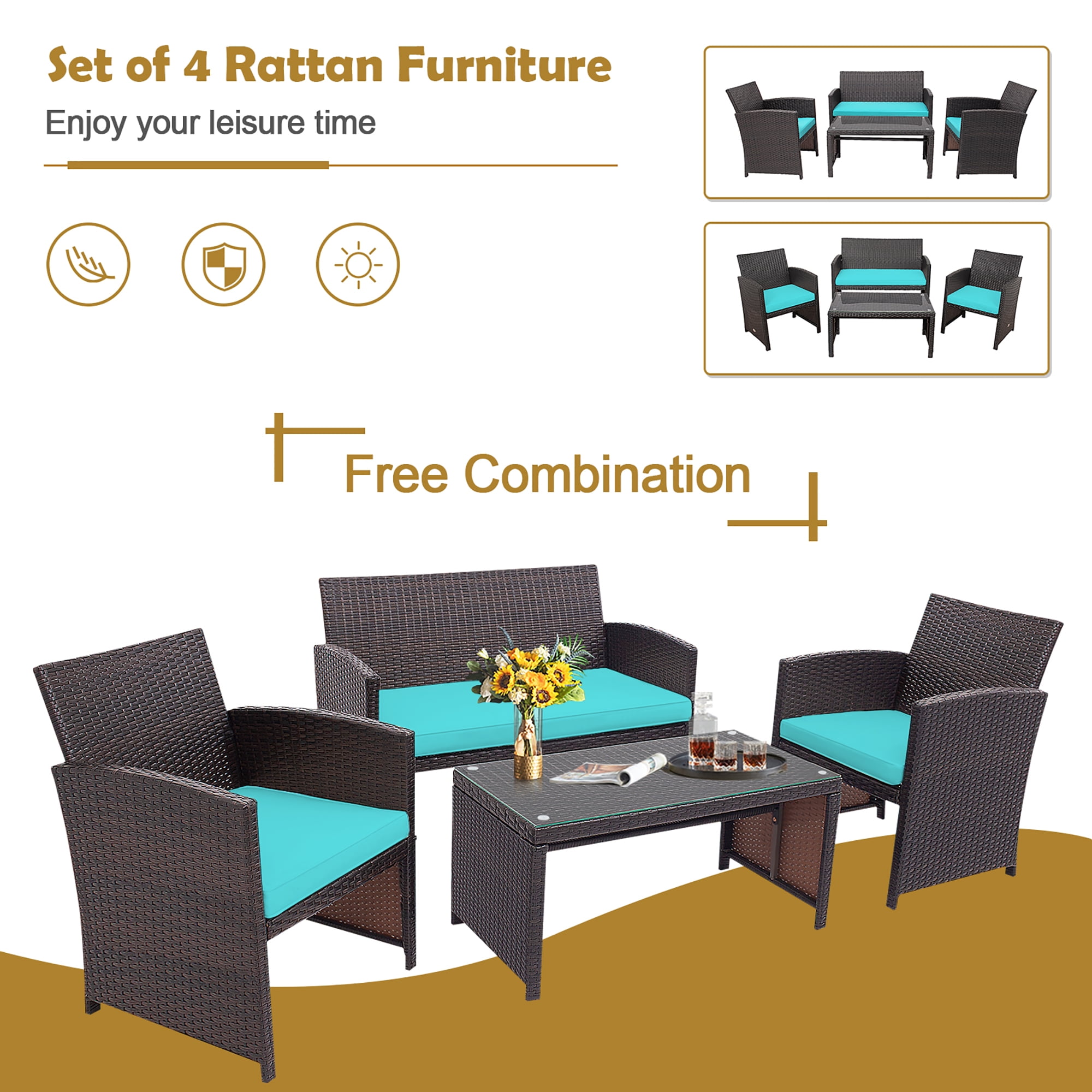 Costway 4PCS Patio Rattan Furniture Set Cushioned Chair Sofa Coffee Table Turquoise