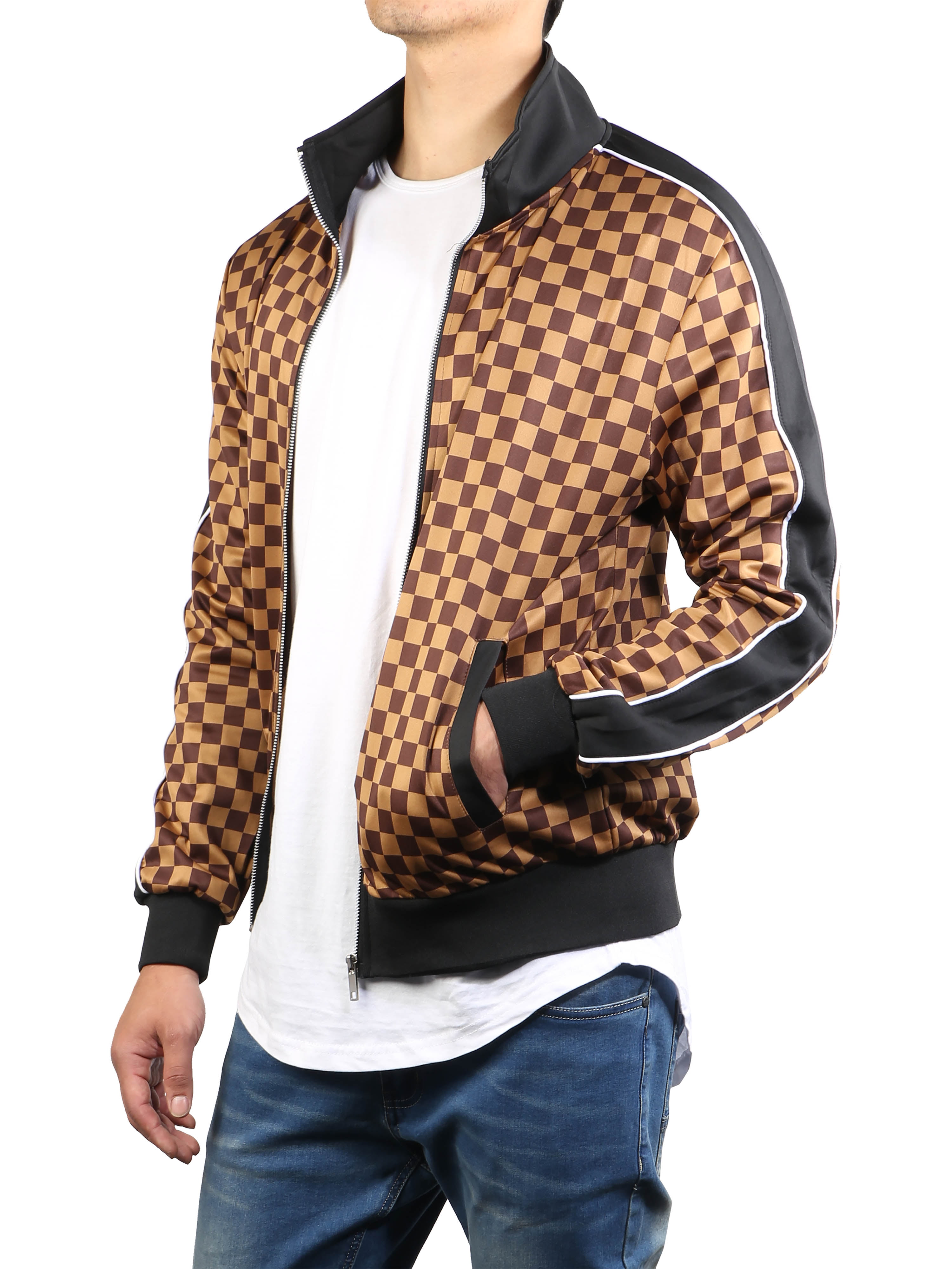 Ma Croix Men's Premium Checkered Hip Hop Inspired Stretch Elastic Fit Light  Polyester Zip Up Activewear Striped Track Jacket 