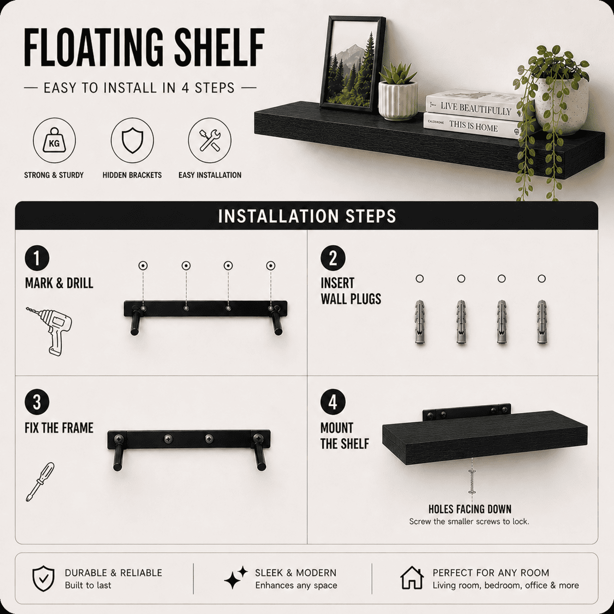 Induslyfe Large Black Floating Wall Shelves, Wood Wall Mounted Shelf, Set, 22.5 x 6.7 in, Set of 2, shelf over toilet farmhouse decor