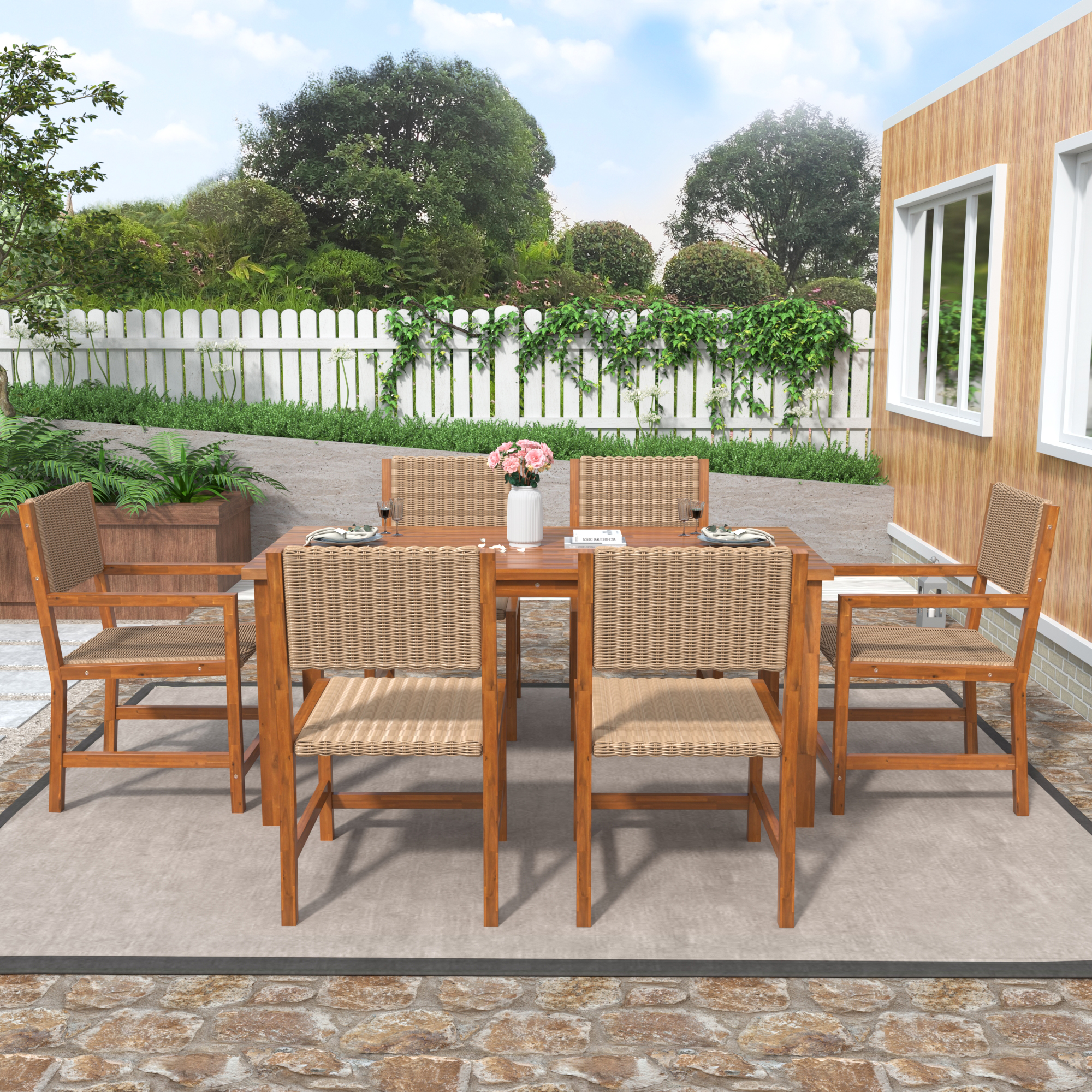 7 Piece Patio Rattan Dining Set, Outdoor Space Saving Rattan Chairs with Acacia Wood Table, All-Weather Dining Table and Chairs Set, HDPE Rattan Dining Chairs Set for Balcony Patio Garden Poolside - image 2 of 8