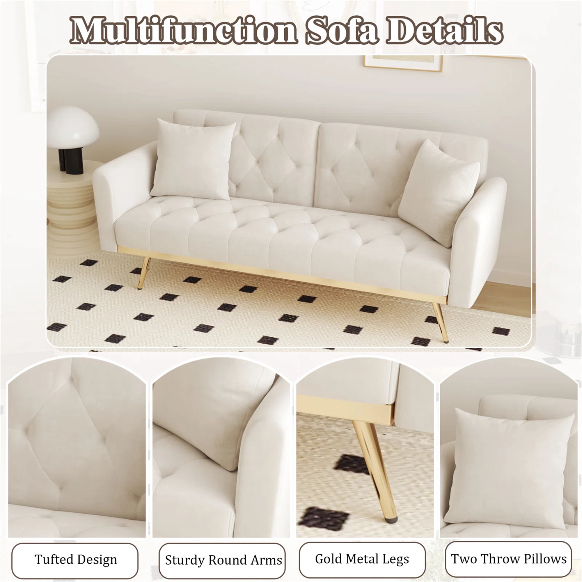 Aukfa Velvet Futon Convertible Sofa Bed for Home Office, 2 Pillows, Upgraded Metal Base, Beige