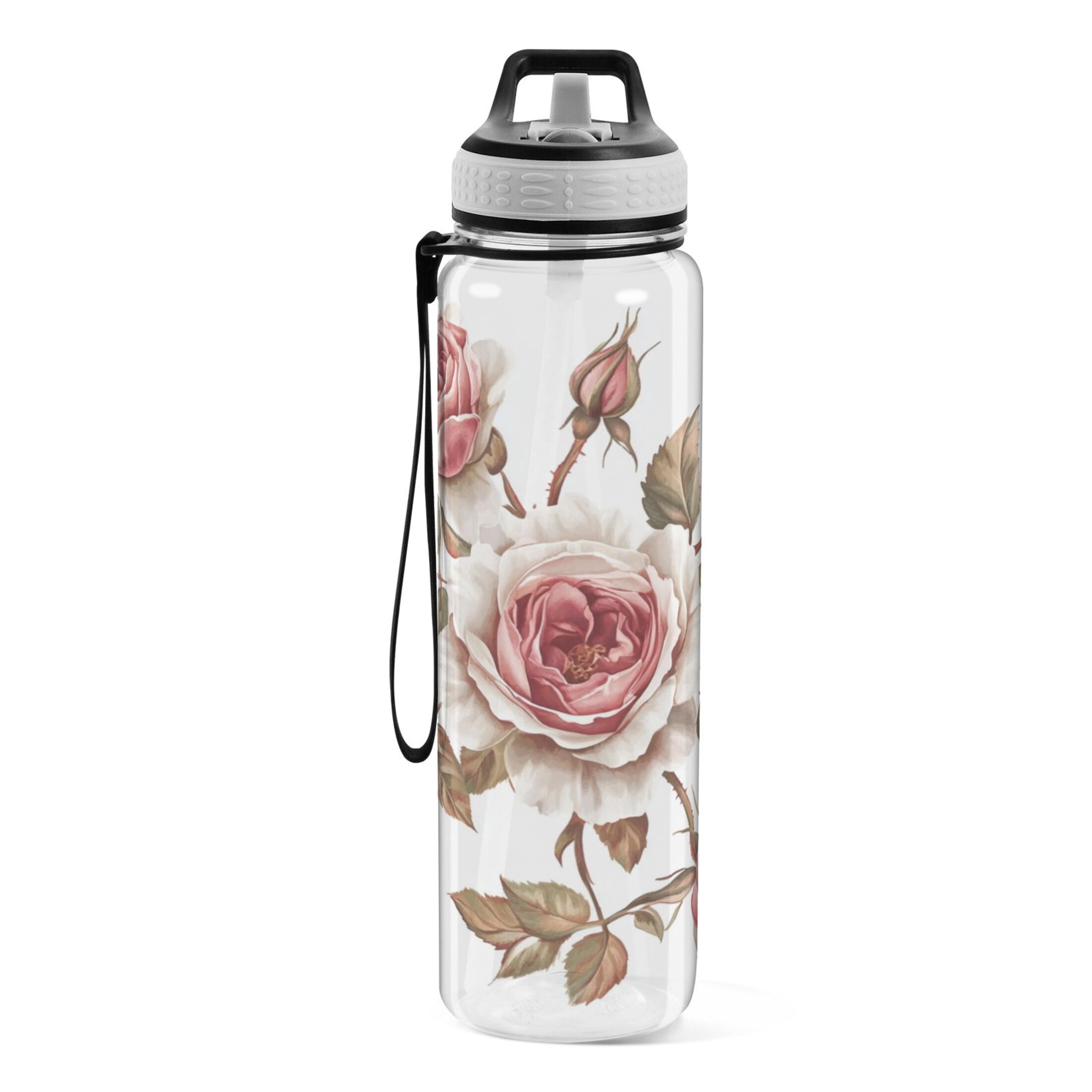 Sports Water Bottle 1000ML Tritan Food Grade Clear Water Bottle Fitness Outdoor Sports Bike Five Pink Roses
