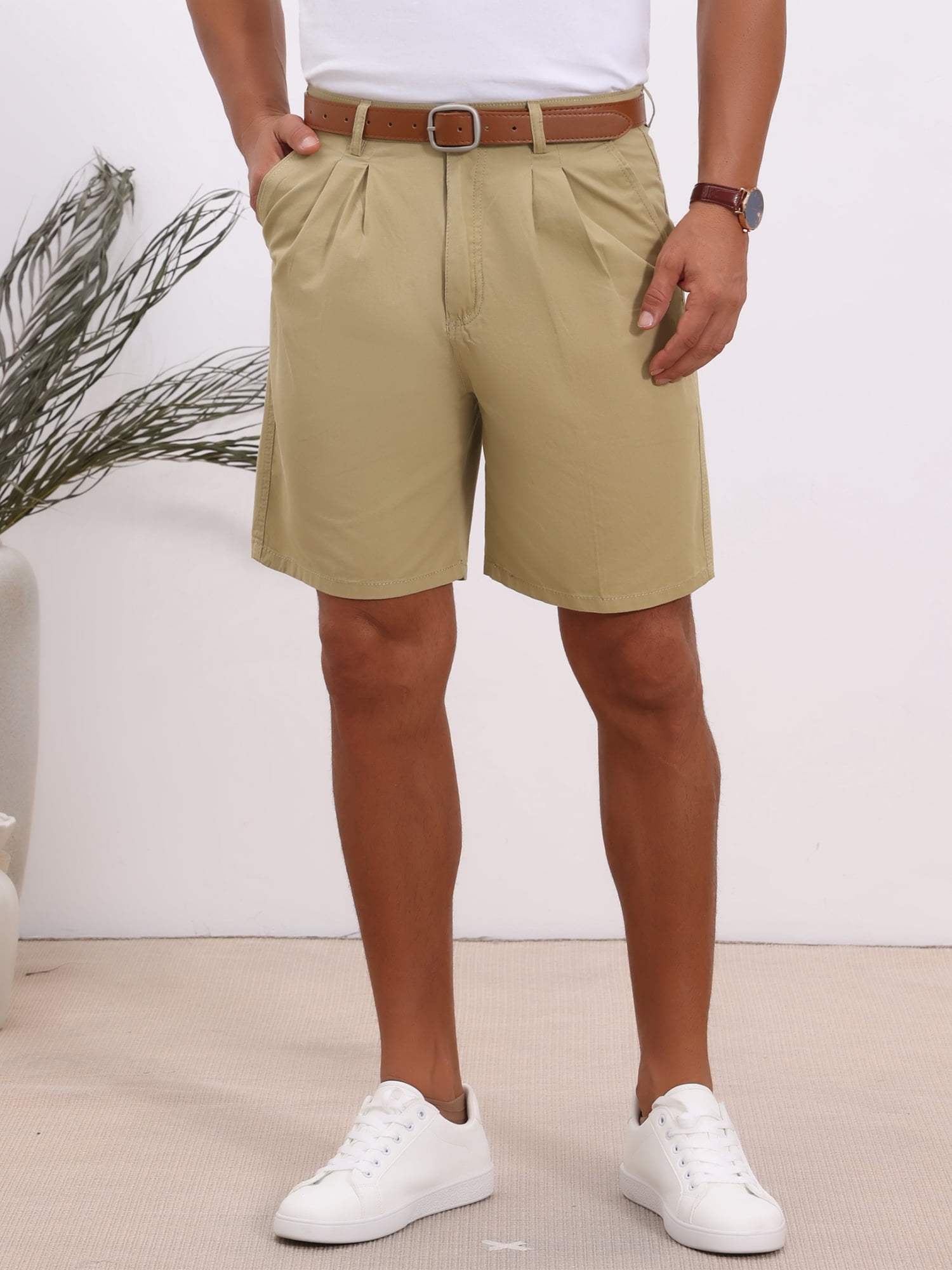 DARING DIVA Men's Above Knee Short Pants with Pockets Mid Waisted Shorts 32 Khaki