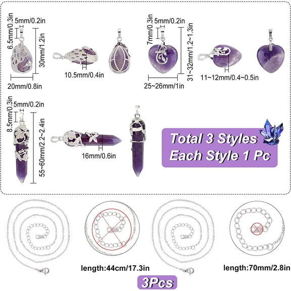 1box 1 box 3 style Amethyst Necklace Necklace Making Kit Amethyst Teardrop Bullet Heart Pendants Wire Wrapped for Jewellery Making Chakra Decoration