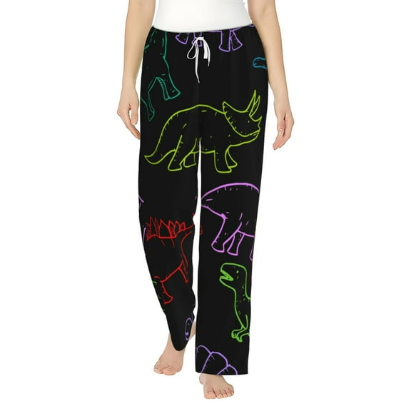 Women Comfy Pajama Pants Lounge Bottoms Long Wide Leg, Dinosaur Dino Black