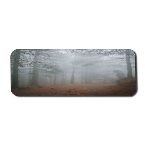 Woodland Computer Mouse Pad, Forest in Rainy and Misty Weather Mysterious Foggy Tall Pine Trees Nature Photo, Rectangle Non-Slip Rubber Mousepad Large, 31" x 12" Gaming Size, Multicolor, by Ambesonne