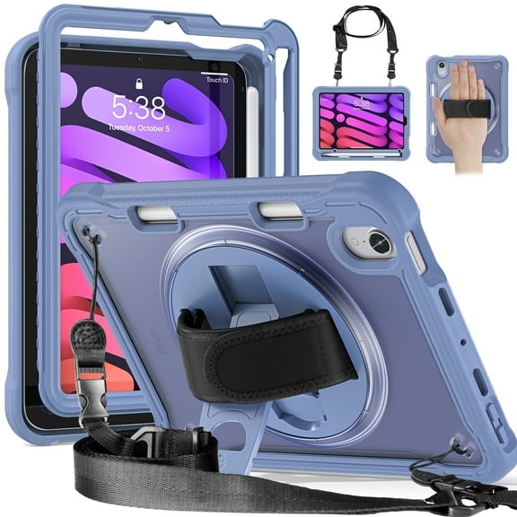 ELEHOLD Hybrid Rugged Case for iPad Mini 6th Generation, Dual-Layer Protective Heavy Duty Shockproof Case with 360° Rotatable Handstrap Foldable Kickstand Crossbody Shoulder Strap,Grey