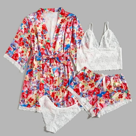 

Valentines day gifts Women Plus Size Sexy Lingerie Silk Robe Satin Bathrobe Four-piece Set Sleepwear Pajamas sexy underwear lingerie for women Red
