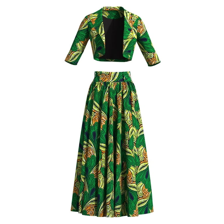 Bintarealwax African Attire for Women Floral Print Short Jacket Coat and Long Swing Skirts Fashion Suits Set, Women's, Size: 2XL