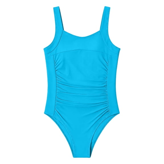 Kids Girls Swimsuit Sky Blue Girls 1 Piece Swimsuit Sleeveless Rash Guard School Swimming Lessons Summer Beach Swimwear 6-7 Years