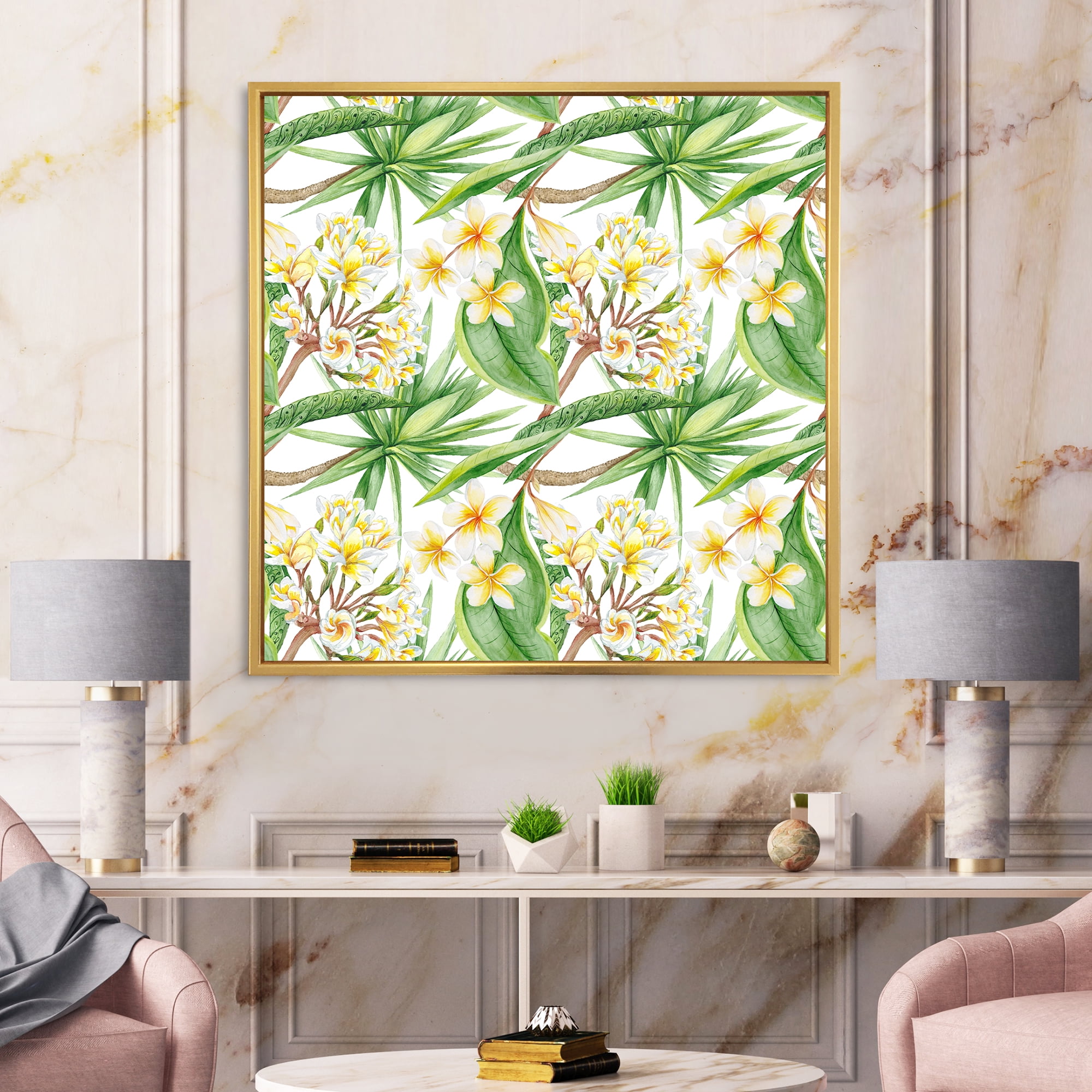 Designart 'Yellow Flowers and Tropical Foliage VI' Modern Framed Canvas Wall Art Print