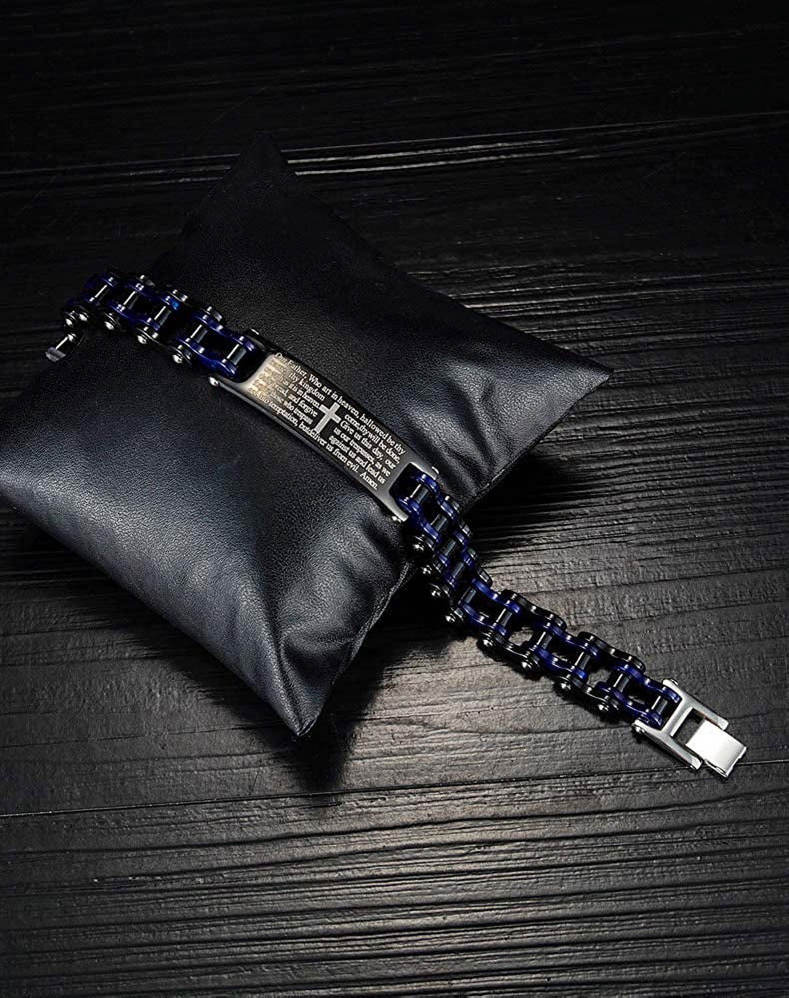 Mens Motorcycle Bike Link Chain Lord's Prayer English Christian Cross Bracelet Size 8 Inch or Size 9 Inch (Blue, 8 Inch)