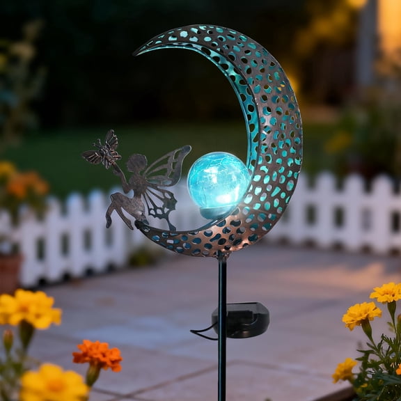Moon Solar Light Outdoor Garden Stake, Moon Fairy Garden Statue Decor,Metal Light Stake for Patio, Path, Yard and Lawn Ornament,Blue