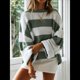thumbnail image 4 of Suéter de Punto A Rayas para Mujer, Cuello Redondo, Otoño-Invierno, Larga, Bloque de Color Verde XL, 4 of 10