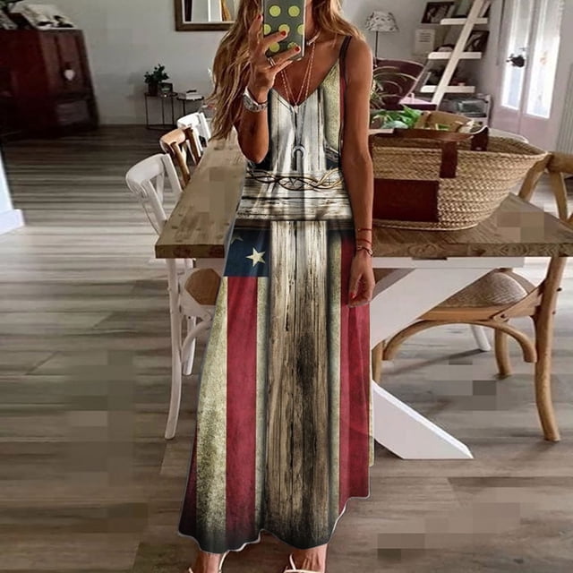 SMihono Été Boho Maxi Robe pour les Femmes Plus Size Femmes Jour de l'Indépendance Imprimée Sangle Longue Robe Plage Balance Robe