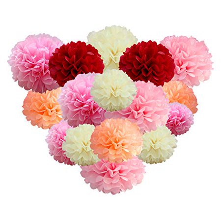 Paper Pom Poms Tissue Paper Pink Flowers Decorations for Wedding Ceremony/Birthday Party/Fiesta/Nursery Decor/ 20 pcs of 14", 10", 8",6"