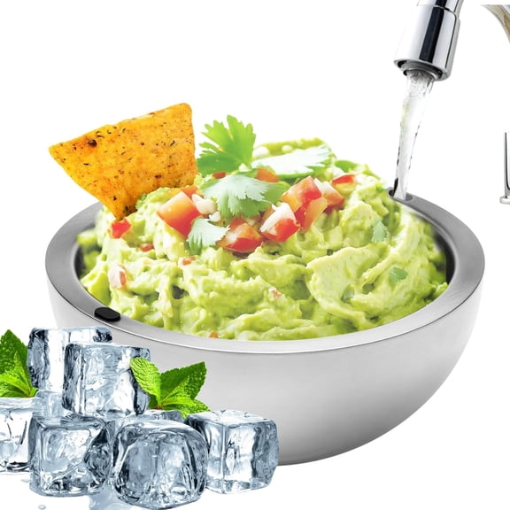 35oz Dip Chiller Bowl - Stainless Steel Frozen Ice Serving Bowl to Keep Salsa, Guacamole, Dips & Sauces Cold or Hot, Insulated Party Platter (1 Bowl) P
