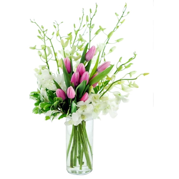 KaBloom : 10 Pink Tulips, 10 White Orchids, 3 greens in vase, Next-Day Delivery.