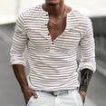 thumbnail image 2 of RYDCOT Men's Casual Striped Long Sleeved Round Neck Half Button Pullover with Pocket Top Beige, 2 of 9