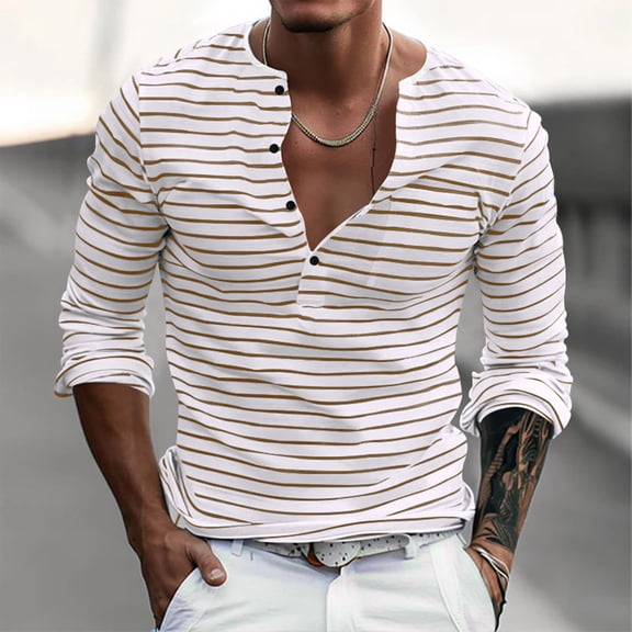 BRGZLK Striped Henley Shirts for Men Casual Fashion Long Sleeve Round Neck Half Button-Down Pullover Base Layer Shirt with Pockets for Spring Summer 2026 Beige XXL