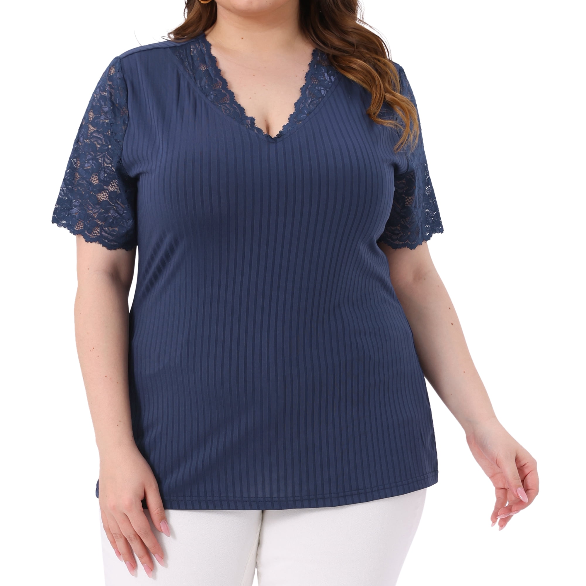 DARING DIVA Women's Plus V Neck Short Sleeve Lace Ribbed Knit Blouse 3X Navy Blue