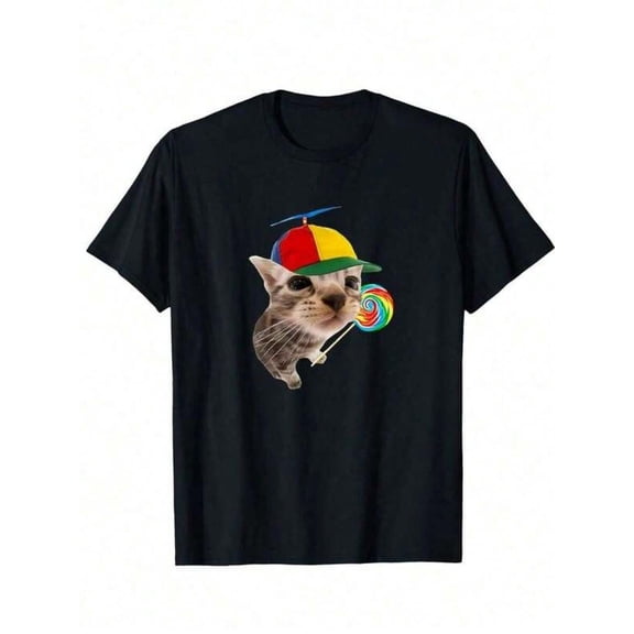 Black Graphic Cotton T-Shirt With Silly Cat Wearing Propeller Hat And Lollipop Meme Print Unisex Crew Neck Short Sleeve