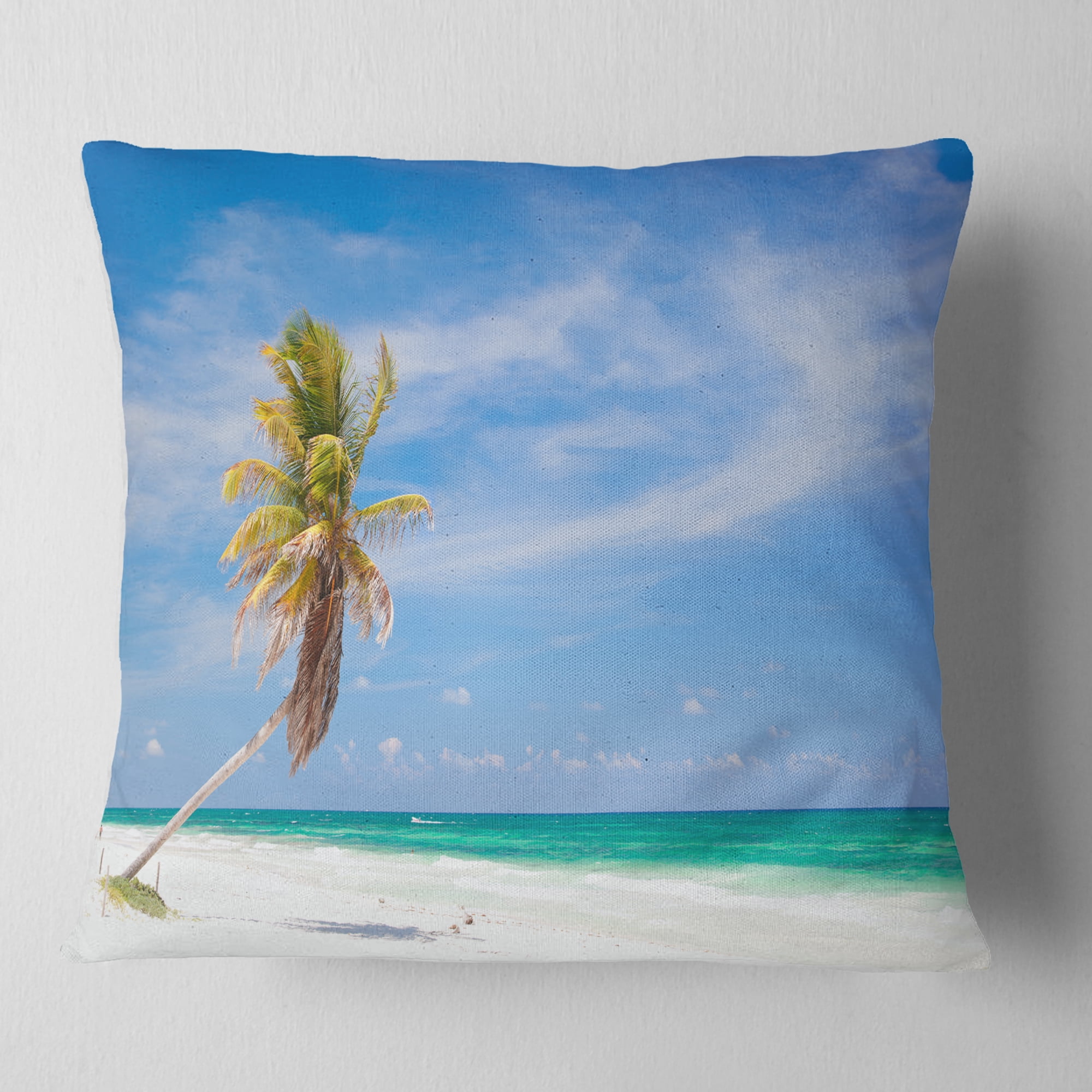 Designart Solitary Coconut Palm at Beach - Seashore Photo Throw Pillow - 18x18