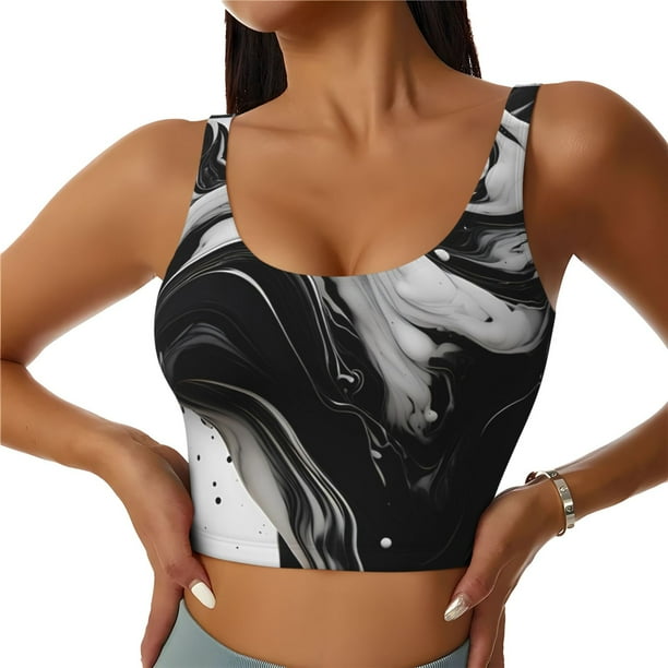 Fotbe Fluid Black White Paint Swirls Sujetador Deportivo Largo sin Aros para Mujer con Almohadillas y Soporte Medio, Transpirable y Absorbente, Camiseta Tipo Chaleco o Tank Top-Large