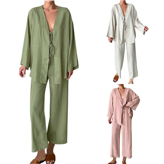 Miluxas Women's Pajama Sets Long Sleeve Solid Color Casual Lace up Sleepwear V Neck Cozy Soft Pajamas Lounge Set Pink 4(S)