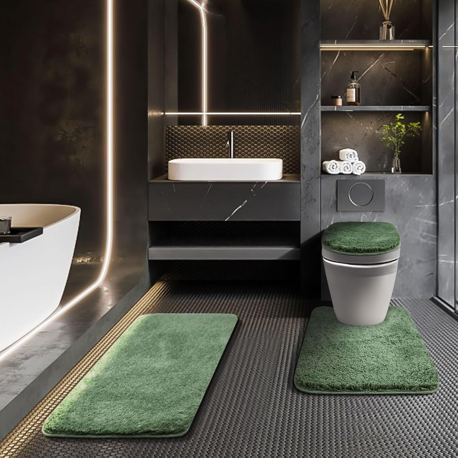 Rugs Sets 3 Piece with Adjustable Toilet Seat Cover 17.5"x 15" Machine Washable Bath Rug Set with TPR Non Slip Rubber Backing Solid Bath Mat Set for Luxury Bathroom Decoration