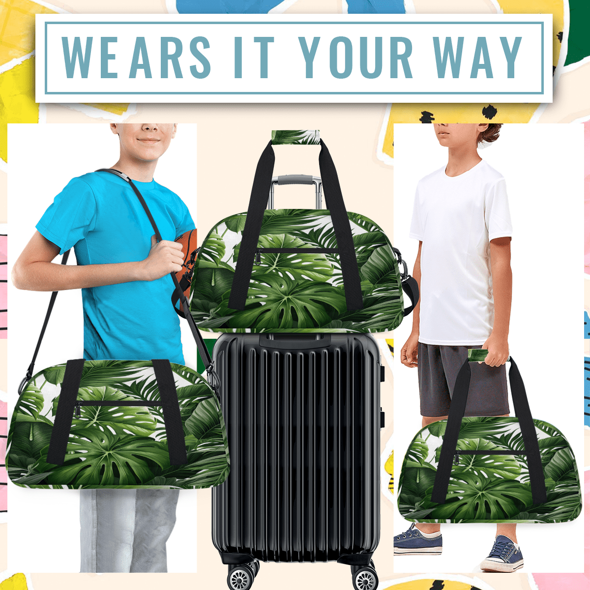 Herdesigns Tropical Green Plant Leaf Sports Duffle Bag for Women & Men, Botanical Jungle Design Gym Bag Dance Bag Overnight Bag Carry On Weekender Travel Bag