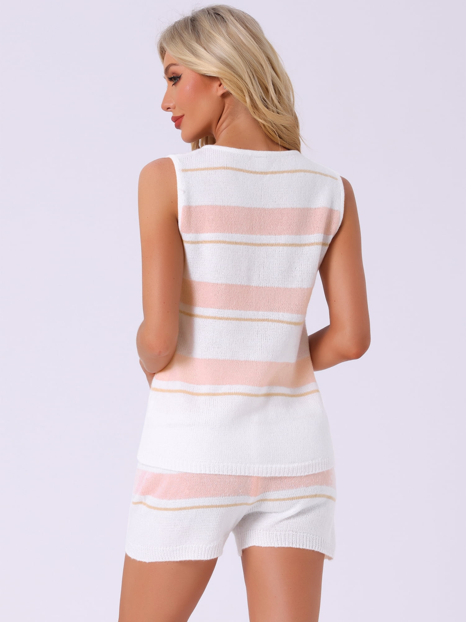 DARING DIVA Loungewear Knit Tank V Neck Contrast Stripe Pajama Set M Pink