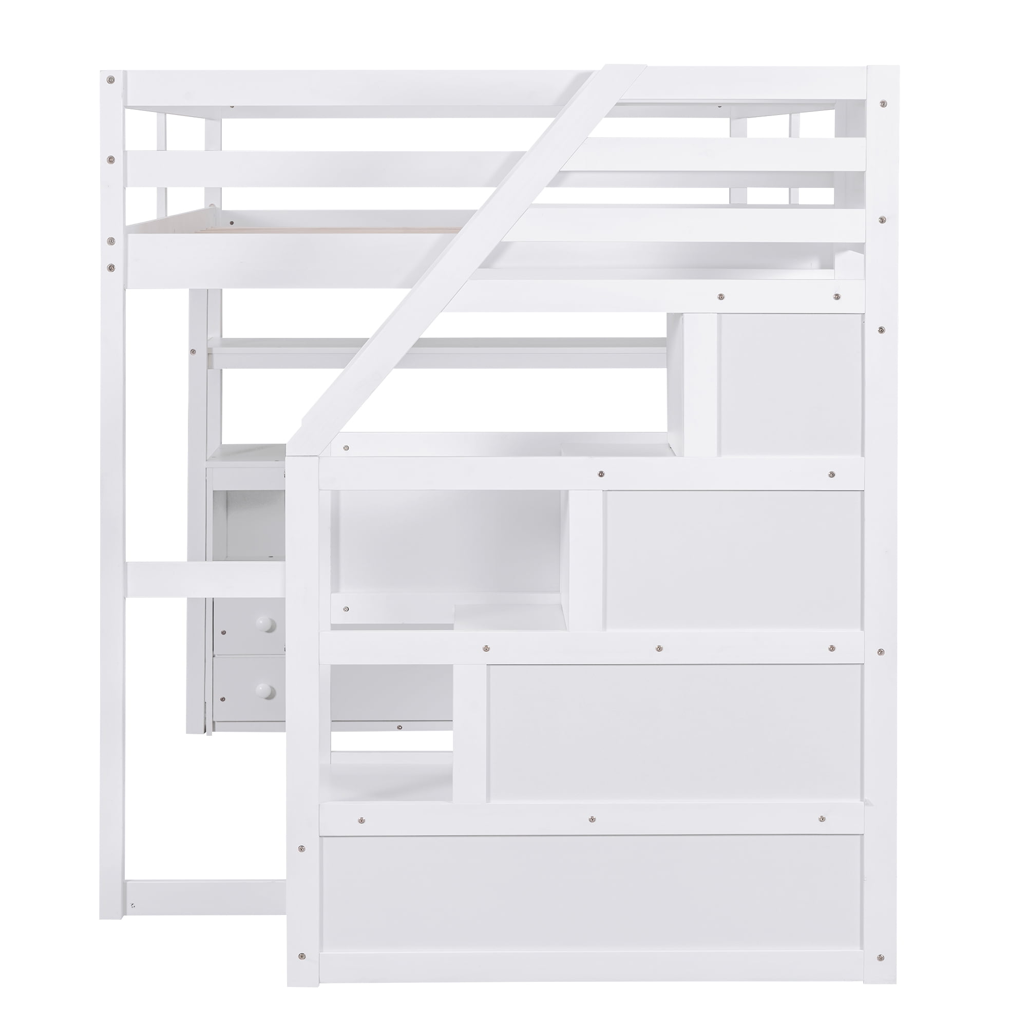 MAYEERTY Full Size Loft Bed - Desk, Shelves, 2 Built-in Drawers, Storage Staircase, White
