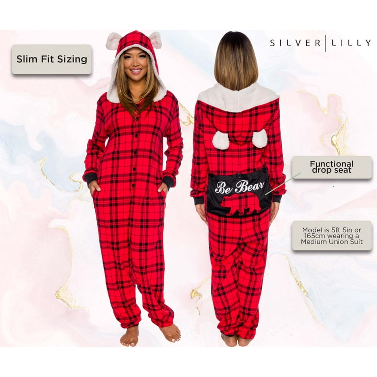 Womens Buffalo Plaid Bear Flapjack Pajamas with Hood Drop Seat PJs Red and Black Warm Soft Comfy Holiday Jumpsuit X Large Walmart