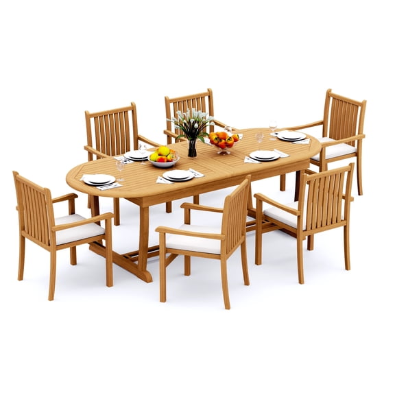 7-Piece Teak Dining Set: 94" Oval Extendable Table   6 Cahyo Stacking Arm Chairs