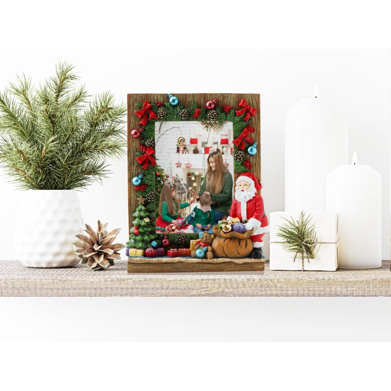 FINE PHOTO GIFTS Light Up Santa Christmas Picture Frame - Resin, Holds 5x7 Photo, LED Lights, Battery Operated