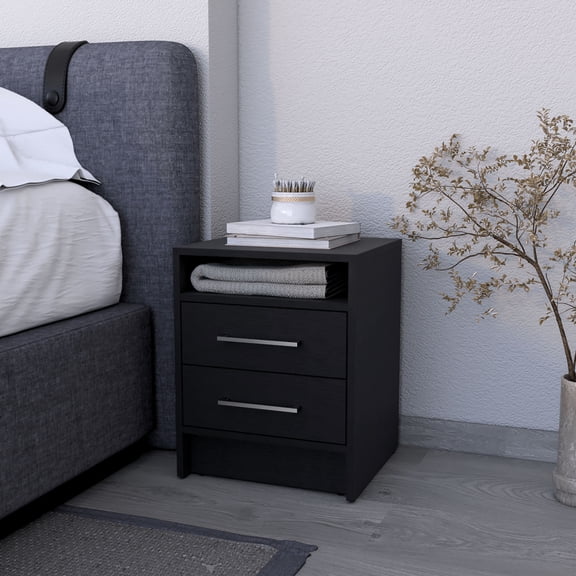 Nightstand, Black - 2 Drawer & Hidden Shelf For Bedroom Enhancement Organization